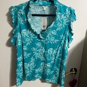 😻 3X Crown & ivy Aqua and White Floral Tropical Plus Blouse - 3X NWT